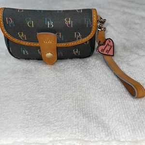 Dooney and Bourke monogram leather wristlet/ Dark grey and brown